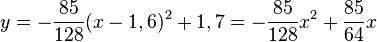y= -\frac{85}{128}(x-1,6)^2 + 1,7 =  -\frac{85}{128} x^2 +  \frac{85}{64}x