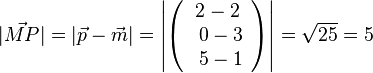| \vec {MP} |=|\vec p - \vec m|= \left | \left ( \begin{array}{c} 2-2 \\\ 0-3 \\\ 5-1  \end{array}\right) \right| = \sqrt{25} = 5