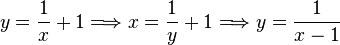  y = \frac{1}{x}+1 \Longrightarrow x = \frac{1}{y}+1 \Longrightarrow y = \frac{1}{x-1}