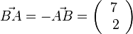 \vec {BA}= -\vec {AB}= \left ( \begin{array}{c} 7 \\\ 2  \end{array}\right) 