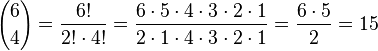 {6 \choose 4}=\frac{6!}{2!\cdot 4!}=\frac{6\cdot 5\cdot 4\cdot 3\cdot 2 \cdot 1}{2\cdot 1 \cdot 4\cdot 3 \cdot 2 \cdot1}=\frac{6\cdot 5}{2}=15