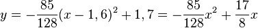 y= -\frac{85}{128}(x-1,6)^2 + 1,7 =  -\frac{85}{128} x^2 +  \frac{17}{8}x