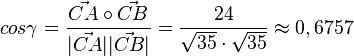 cos \gamma = \frac{\vec {CA} \circ \vec {CB}}{|\vec {CA}||\vec {CB}|} = \frac{24}{\sqrt {35} \cdot \sqrt {35}}\approx 0,6757