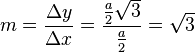m=\frac{\Delta y}{\Delta x}=\frac{\frac{a}{2}\sqrt 3}{\frac{a}{2}}=\sqrt 3