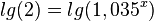 lg(2)=lg(1,035^x)